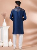 Fancy work Banarasi Navy Blue and White Kurta Pyjama - 3