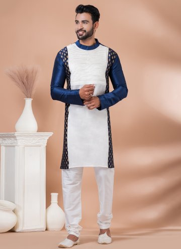 Fancy work Banarasi Navy Blue and White Kurta Pyjama