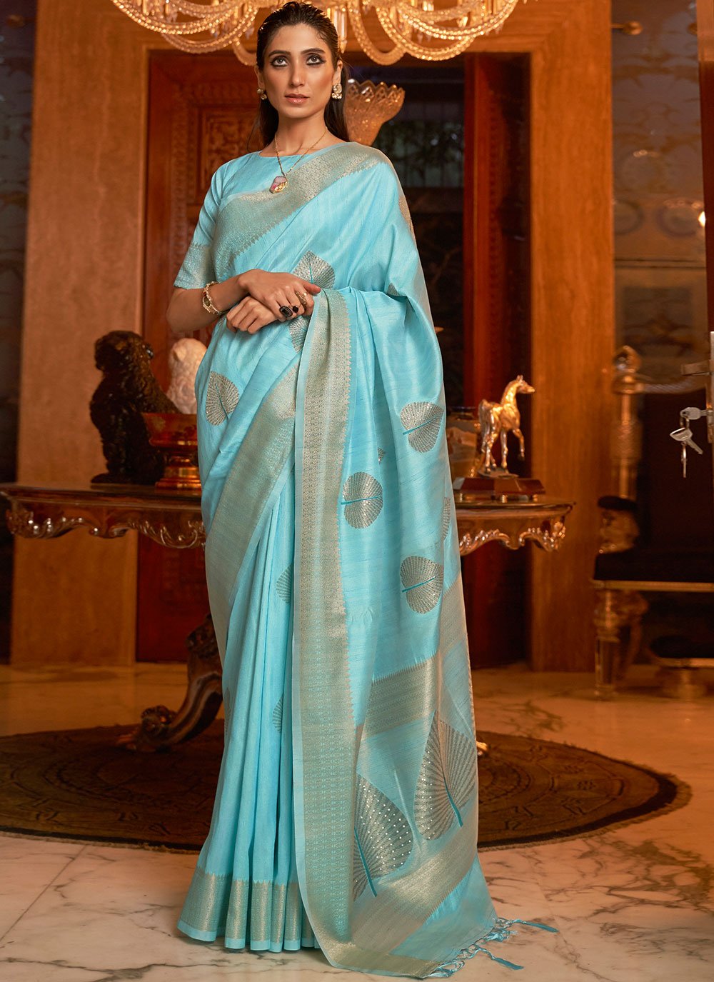 Fancy work Handloom Silk Blue Designer Traditional Saree