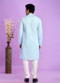 Fancy work Jacquard Silk Turquoise Kurta Pyjama - 3