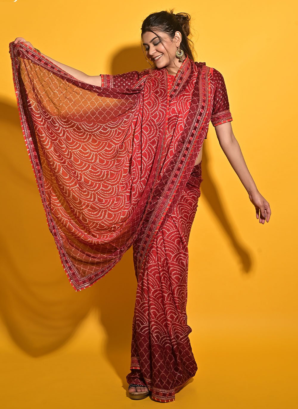 Faux Chiffon Classic Designer Saree in Maroon Enhanced with Bandhej Print