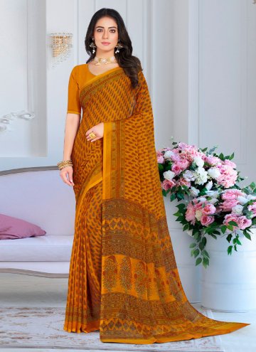 Faux Chiffon Classic Designer Saree in Mustard Enhanced with Printed