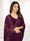 Faux Chiffon Contemporary Saree in Wine Enhanced with Stone Work - 1