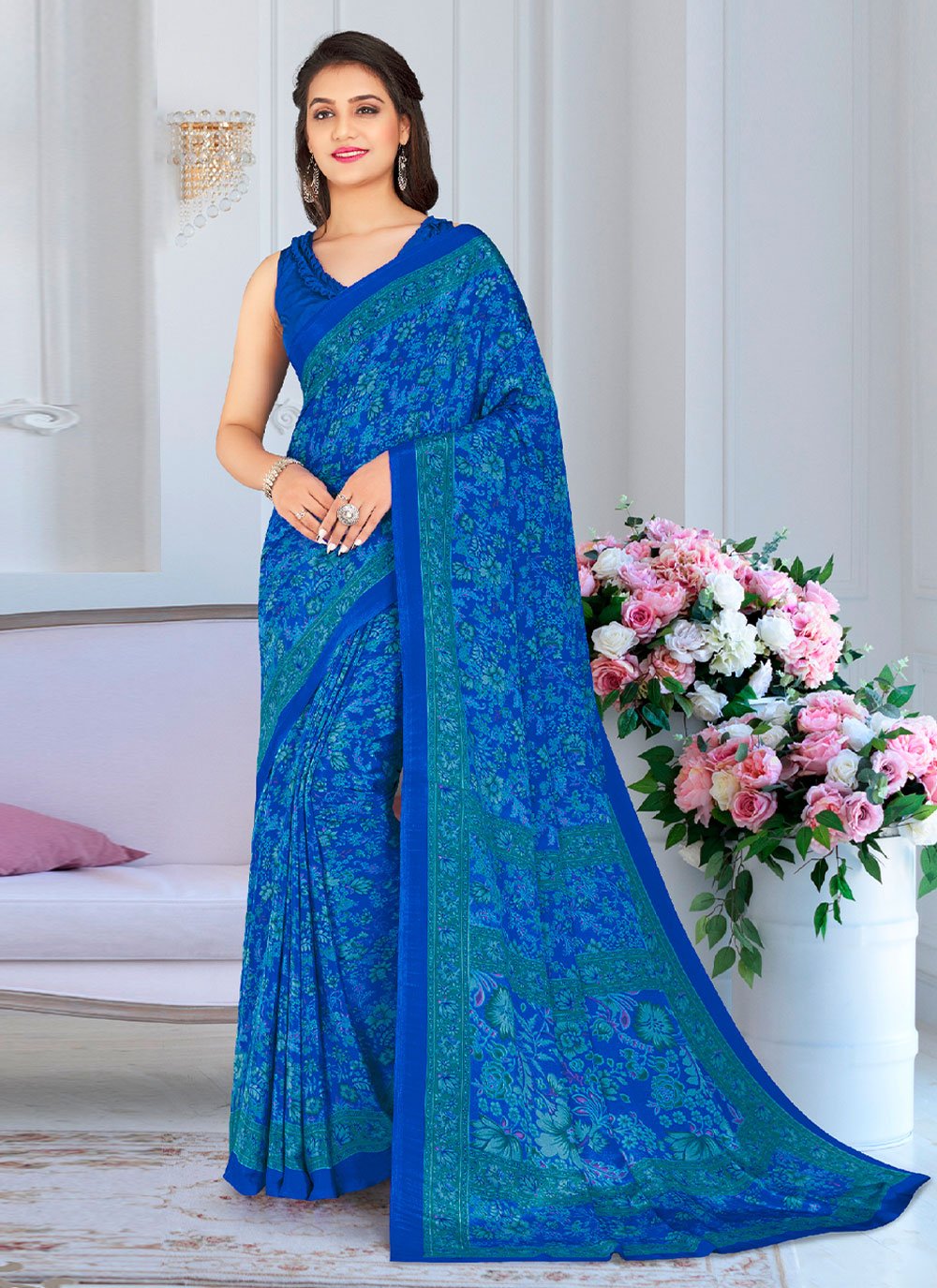Faux Chiffon Designer Saree in Blue Enhanced with Printed