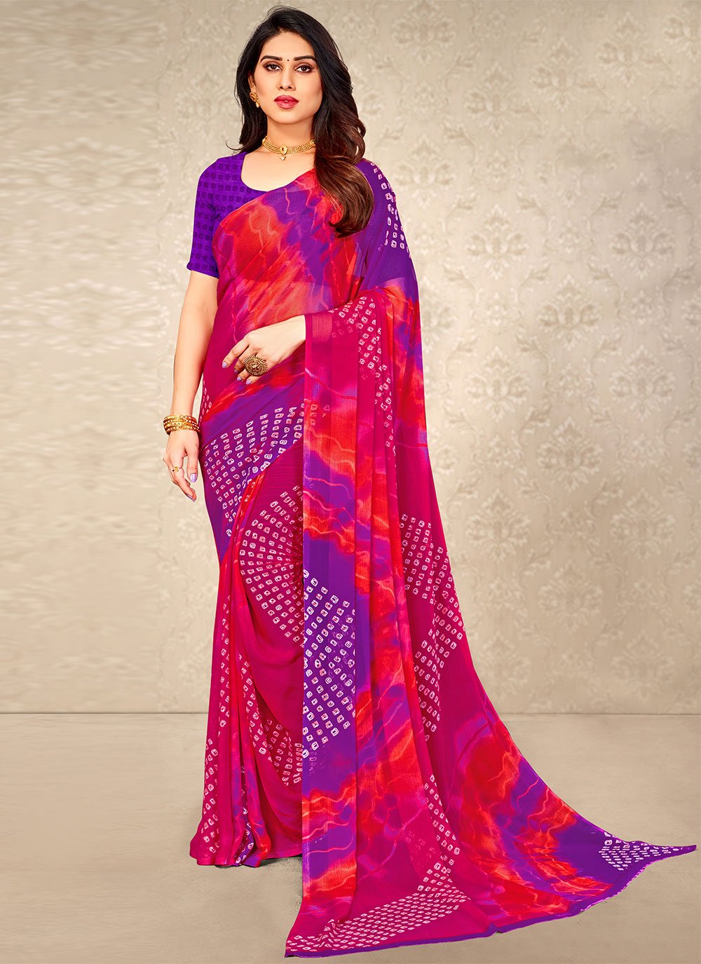 Faux Chiffon Trendy Saree in Pink Enhanced with Print