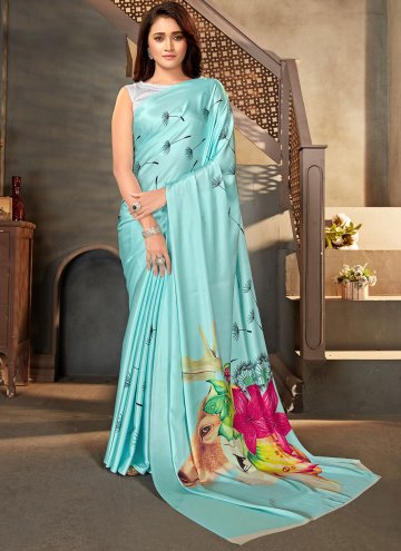 Faux Crepe Casual Saree in Blue Enhanced with Prin