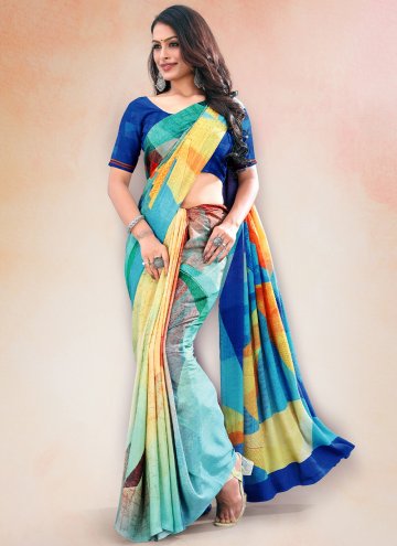Faux Crepe Contemporary Saree in Multi Colour Enhanced with Digital Print