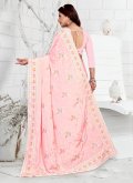 Faux Crepe Contemporary Saree in Pink Enhanced with Embroidered - 1
