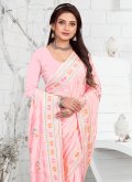 Faux Crepe Contemporary Saree in Pink Enhanced with Embroidered - 2