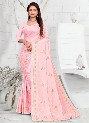 Faux Crepe Contemporary Saree in Pink Enhanced with Embroidered