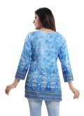 Faux Crepe Party Wear Kurti in Blue Enhanced with Print - 1