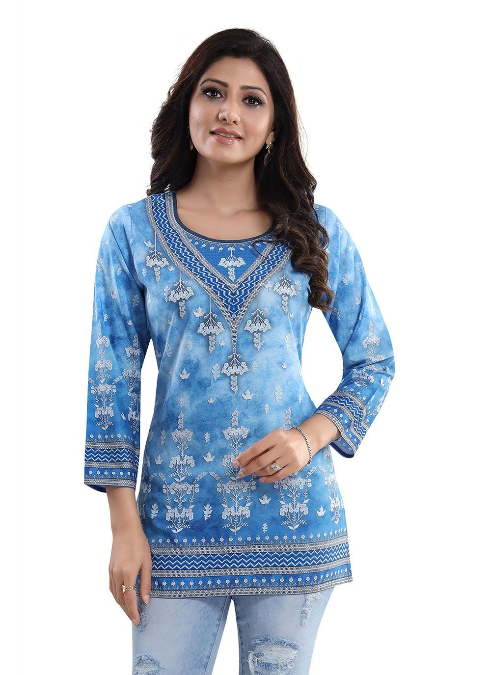 Faux Crepe Party Wear Kurti in Blue Enhanced with Print
