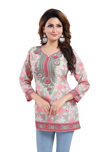 Faux Crepe Party Wear Kurti in Multi Colour Enhanced with Print