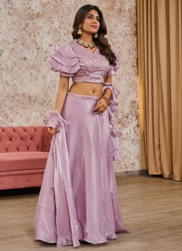 Faux Crepe Readymade Lehenga Choli in Lavender Enhanced with Embroidered