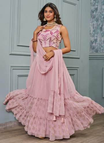 Faux Crepe Readymade Lehenga Choli in Pink Enhanced with Embroidered