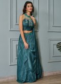 Faux Crepe Readymade Lehenga Choli in Teal Enhanced with Embroidered - 1