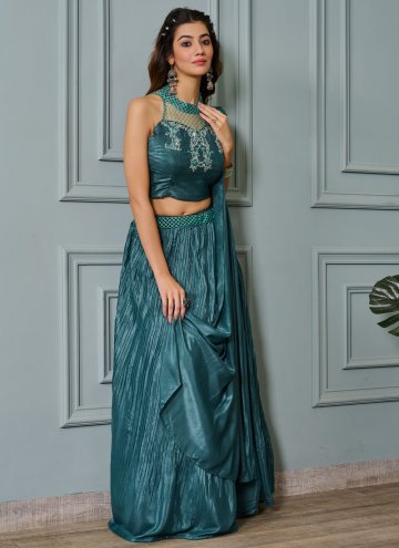 Faux Crepe Readymade Lehenga Choli in Teal Enhanced with Embroidered