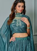 Faux Crepe Readymade Lehenga Choli in Teal Enhanced with Embroidered - 2