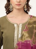 Faux Crepe Salwar Suit in Green Enhanced with Hand Work - 1