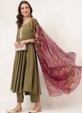 Faux Crepe Salwar Suit in Green Enhanced with Hand Work - 2