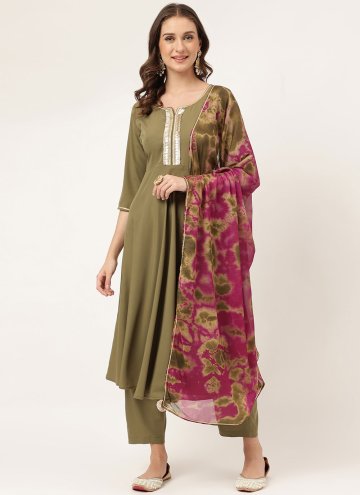 Faux Crepe Salwar Suit in Green Enhanced with Hand