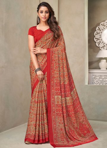 Faux Crepe Trendy Saree in Red Enhanced with Print