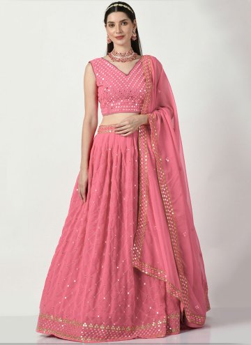 Faux Georgette A Line Lehenga Choli in Pink Enhanced with Embroidered