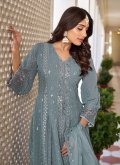 Faux Georgette Anarkali Salwar Kameez in Grey Enhanced with Embroidered - 3