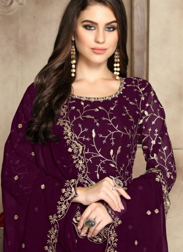 Faux Georgette Anarkali Salwar Kameez in Maroon Enhanced with Embroidered