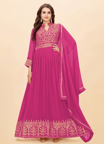 Faux Georgette Anarkali Salwar Kameez in Pink Enhanced with Embroidered