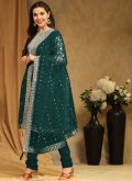 Faux Georgette Churidar Salwar Kameez in Green Enhanced with Embroidered - 2