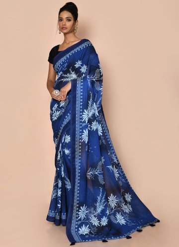 Faux Georgette Contemporary Saree in Navy Blue Enhanced with Printed