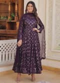 Faux Georgette Designer Gown in Purple Enhanced with Embroidered - 1