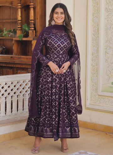 Faux Georgette Designer Gown in Purple Enhanced with Embroidered