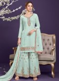 Faux Georgette Designer Pakistani Salwar Suit in Blue Enhanced with Embroidered - 1