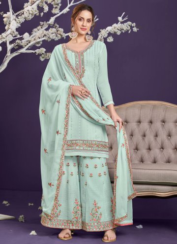 Faux Georgette Designer Pakistani Salwar Suit in Blue Enhanced with Embroidered