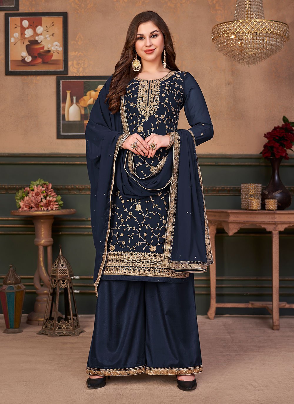 Faux Georgette Designer Pakistani Salwar Suit in Blue Enhanced with Embroidered