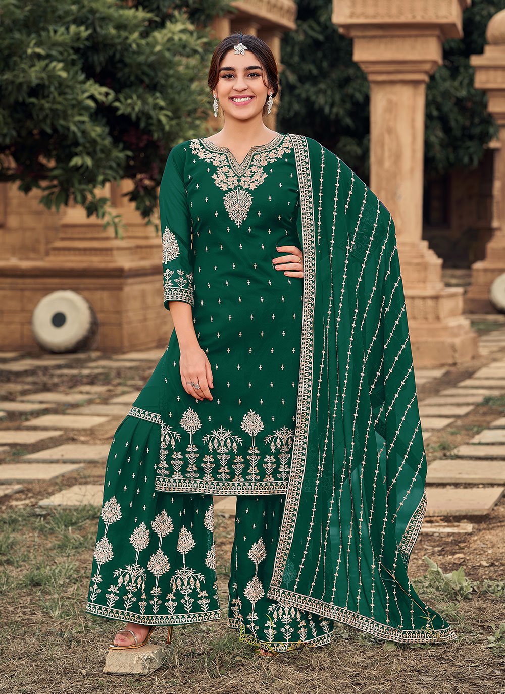 Faux Georgette Designer Pakistani Salwar Suit in Green Enhanced with Embroidered
