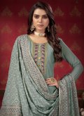 Faux Georgette Designer Pakistani Salwar Suit in Grey Enhanced with Embroidered - 1