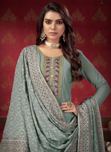 Faux Georgette Designer Pakistani Salwar Suit in Grey Enhanced with Embroidered