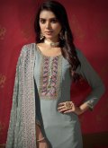Faux Georgette Designer Pakistani Salwar Suit in Grey Enhanced with Embroidered - 3