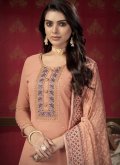 Faux Georgette Designer Pakistani Salwar Suit in Peach Enhanced with Embroidered - 3