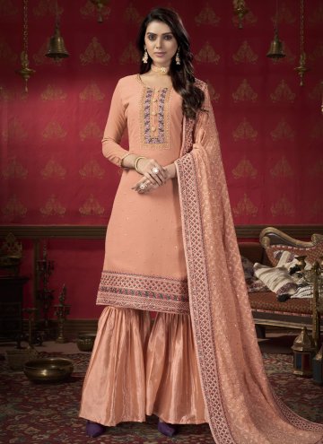 Faux Georgette Designer Pakistani Salwar Suit in Peach Enhanced with Embroidered