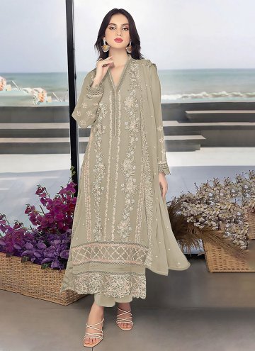 Faux Georgette Designer Salwar Kameez in Grey Enhanced with Embroidered