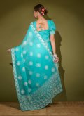 Faux Georgette Designer Saree in Aqua Blue Enhanced with Embroidered - 1