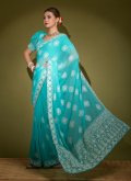 Faux Georgette Designer Saree in Aqua Blue Enhanced with Embroidered - 2