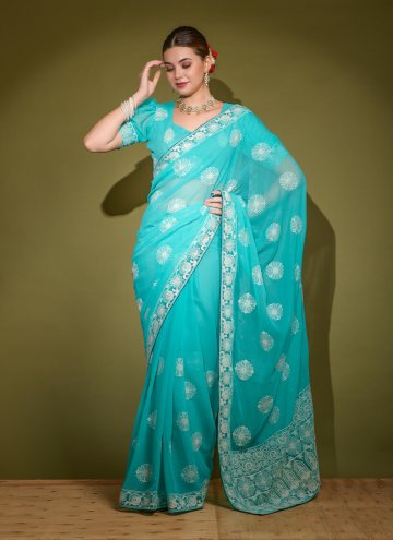 Faux Georgette Designer Saree in Aqua Blue Enhanced with Embroidered