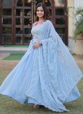 Faux Georgette Gown in Blue Enhanced with Embroidered - 1