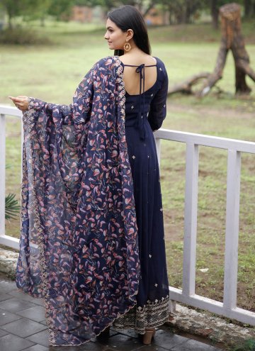 Faux Georgette Gown in Navy Blue Enhanced with Embroidered