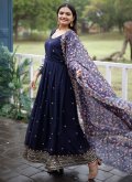 Faux Georgette Gown in Navy Blue Enhanced with Embroidered - 2